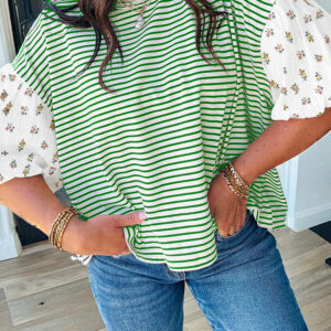 Blusa Verde a Rayas Manga Abullonada Suelta Cuello Redondo