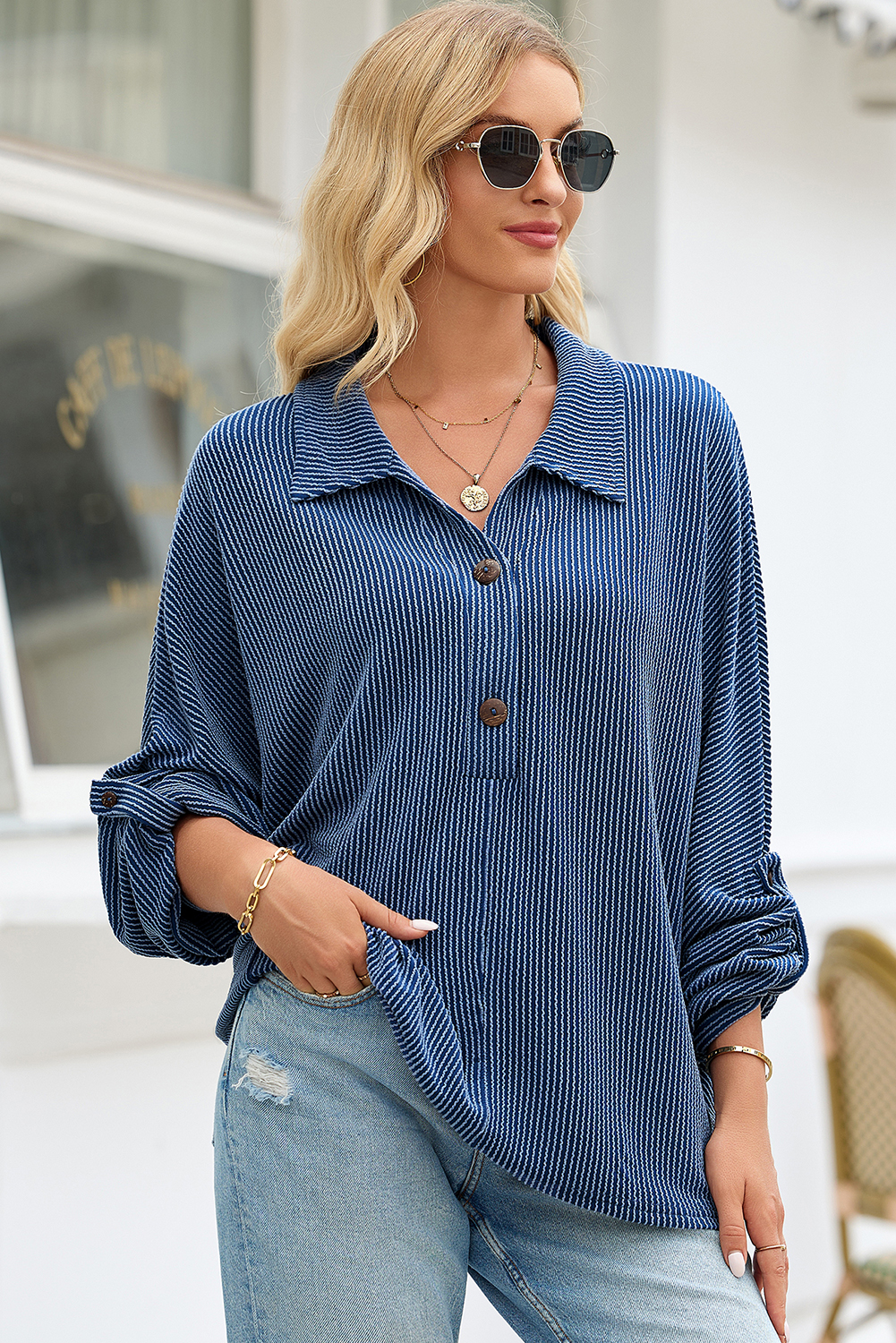 Top Azul Marino Acanalado Oversize Con Cuello - Image 6