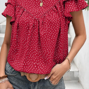 Blusa Rojo Fuego Con Volados Cuello Redondo