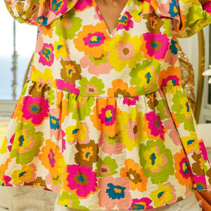 Blusa Verde Floral Manga Abullonada Escote V