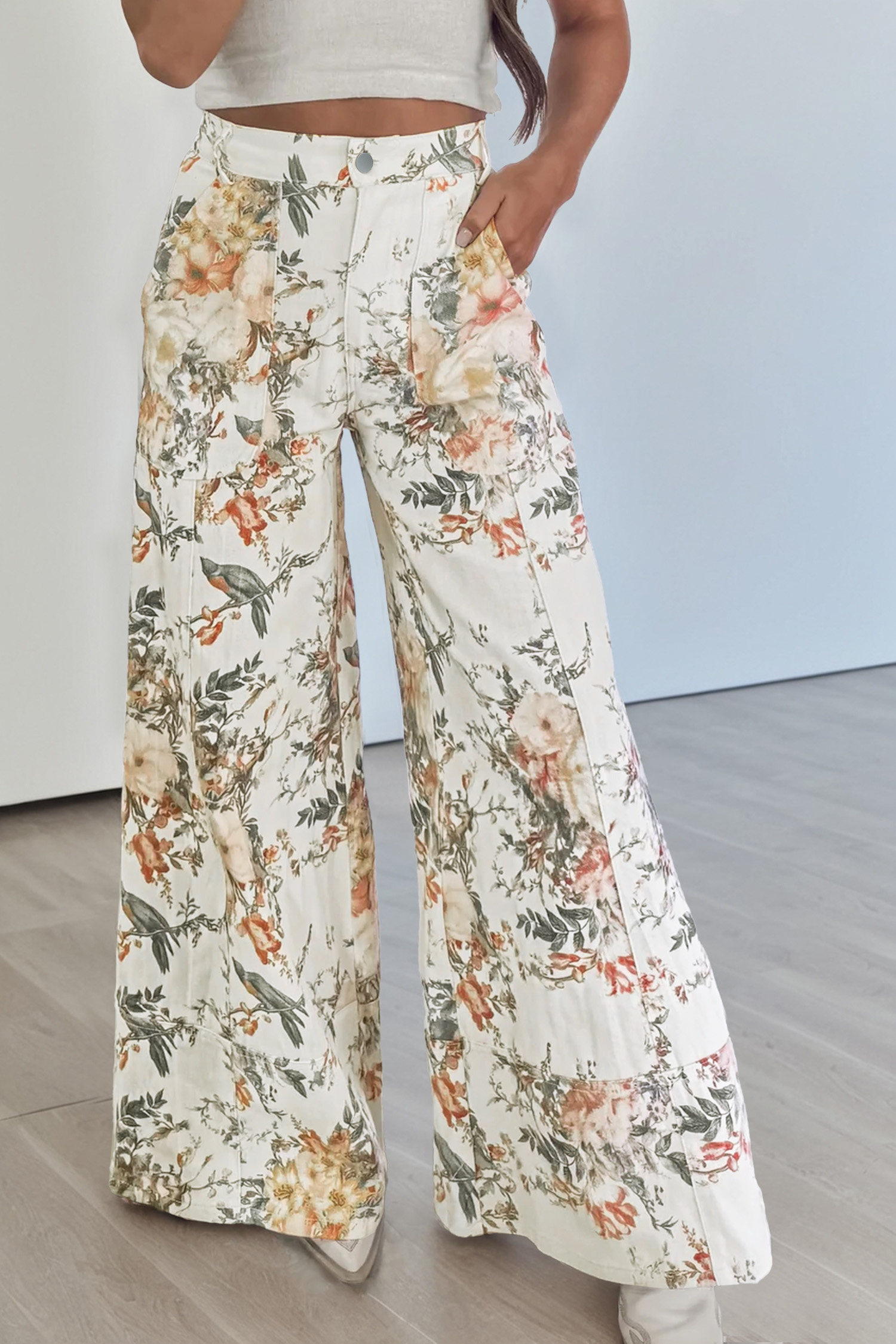 Jean Beige Vintage Estilo Floral Estampado Tiro Alto Pierna