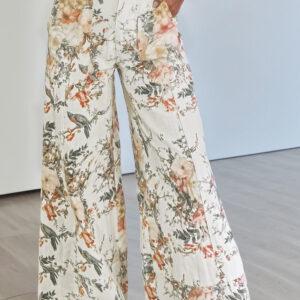 Jean Beige Vintage Estilo Floral Estampado Tiro Alto Pierna