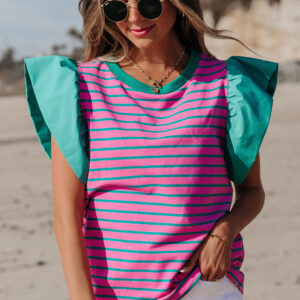 Blusa Rosa a Rayas Con Volados Cuello Redondo