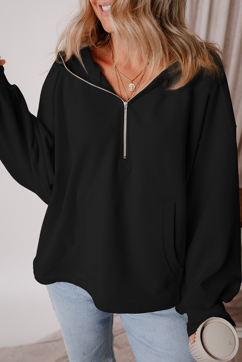 Hoodie Negro Frisado Suelto Con Cierre - Image 6