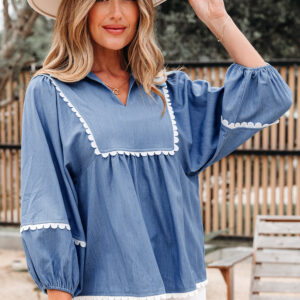 Blusa Azul Ocaso Encaje Manga Abullonada