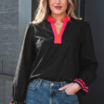 Blusa Negro Con Volados Manga Larga Escote con Abertura