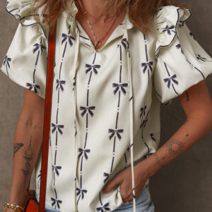 Blusa Beige Con Volados Manga Globo Escote V