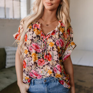 Blusa Rosa Floral Manga Corta Cuello Redondo