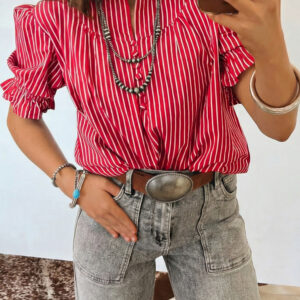 Blusa Rojo a Rayas Con Volados Manga Abullonada