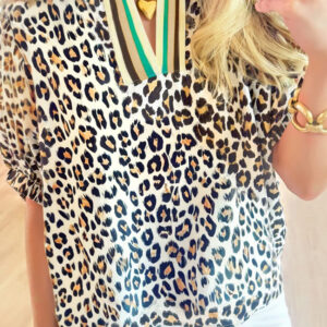 Blusa Caqui Combinado Manga Corta Suelta Escote V