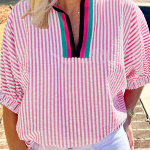 Blusa Rosa Suave A Rayas Escote con Abertura