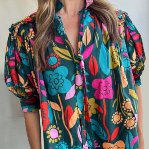 Blusa Verde Floral Manga Abullonada Escote V