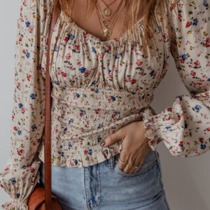Blusa Beige Fruncido Elástico Escote V