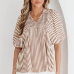 Blusa Marrón a Rayas Manga Abullonada Escote V
