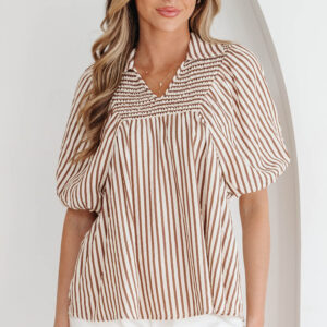 Blusa Marrón a Rayas Manga Abullonada Escote V
