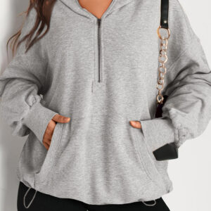 Hoodie Gris Claro Bolsillo Canguro Oversize Con Cierre