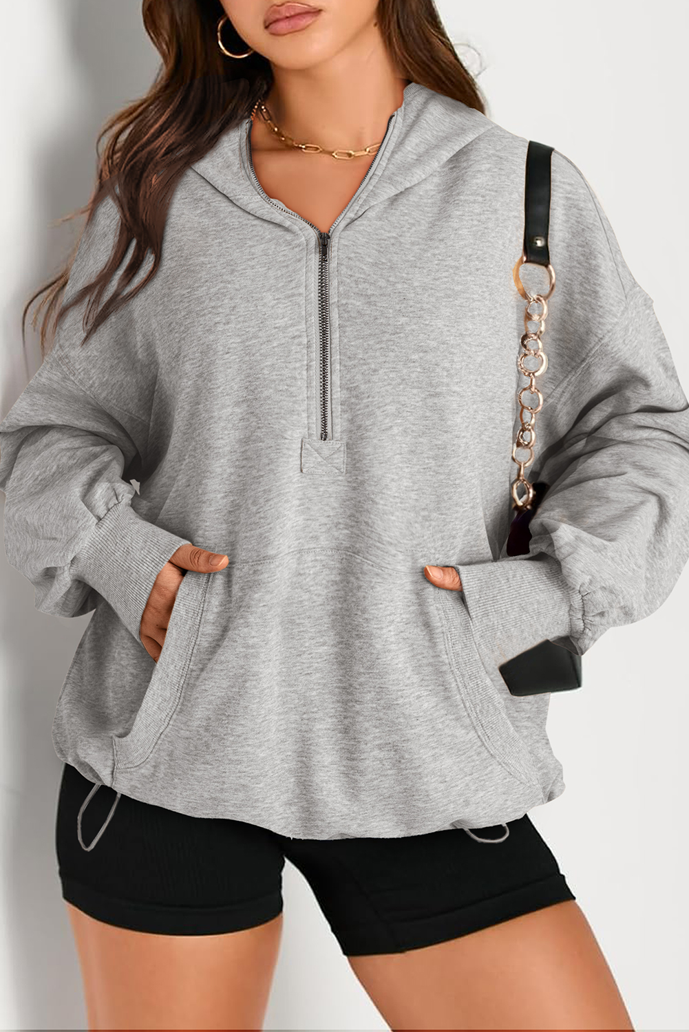 Hoodie Gris Claro Bolsillo Canguro Oversize Con Cierre