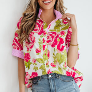 Camisa Rosa A Rayas Manga Corta Con Cuello