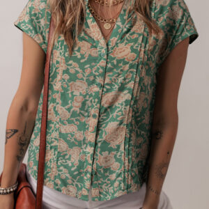 Blusa Verde Plisado Manga Corta Escote V