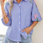 Camisa Azul Celeste a Rayas Con Botones Manga Abullonada