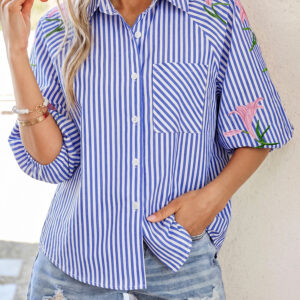 Camisa Azul Celeste a Rayas Con Botones Manga Abullonada