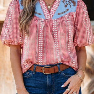 Blusa Rojo Bordado Manga Abullonada