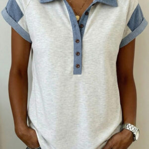 Blusa Gris Claro Combinado Manga Corta Con Cuello