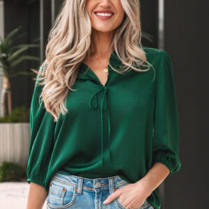 Blusa Verde Oscuro Liso Manga 3/4 Escote V