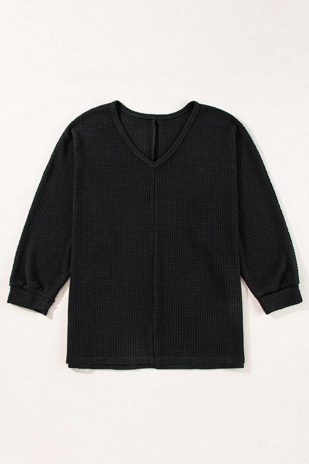 Top Negro Tejido Waffle Suelto Escote V - Image 5