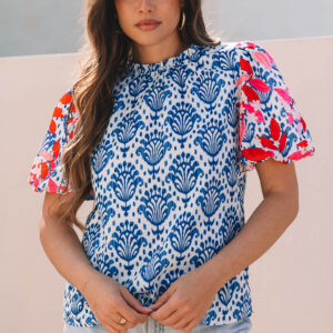 Blusa Azul Floral Manga Abullonada