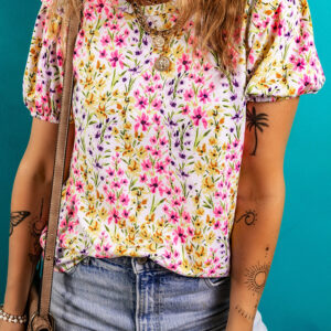 Blusa Rosa Floral Manga Corta Cuello Redondo