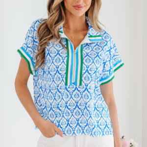 Blusa Azul Celeste Estilo Western Manga Corta Con Cuello