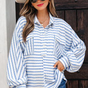 Blusa Azul Celeste a Rayas Con Botones Suelta Con Cuello