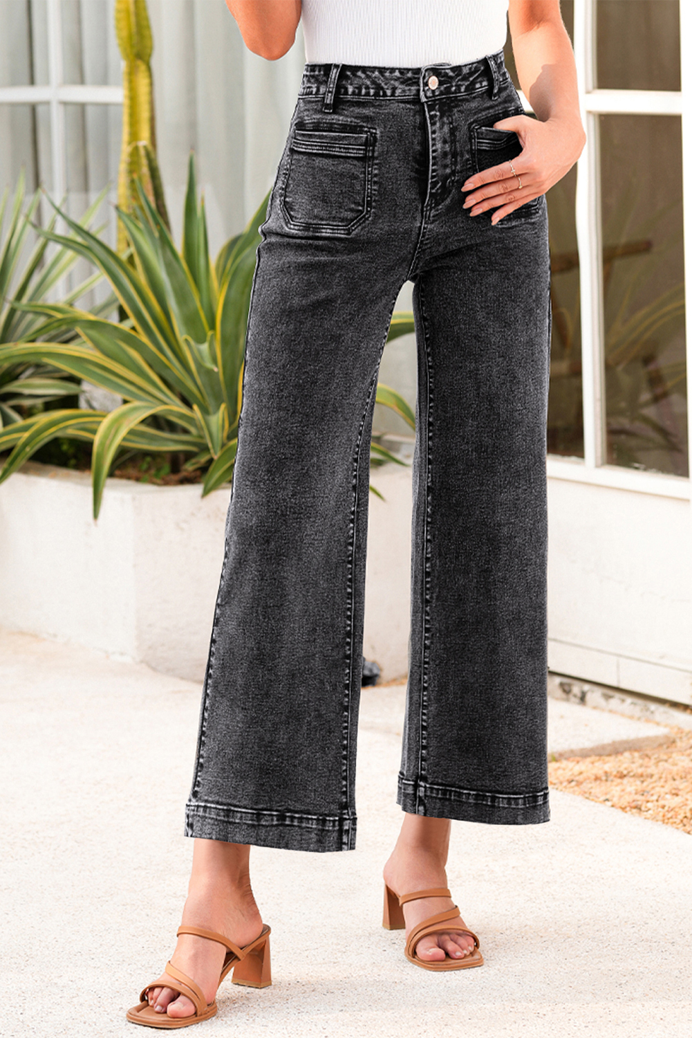 Jean Negro Chic Aplicado Bolsillo Pierna Recta Suelto - Image 4