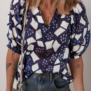 Blusa Azul Estampado Abstracto Manga Abullonada Escote V