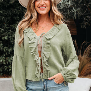 Blusa Verde Neblina Con Volados Manga Larga Escote V