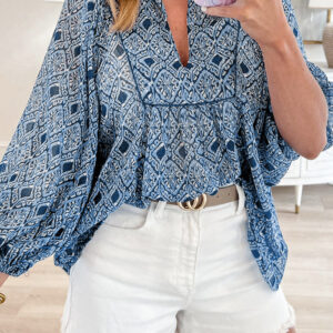Blusa Azul Celeste Estilo Western Suelta Escote V