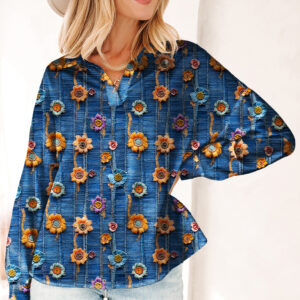 Blusa Azul Floral Escote V