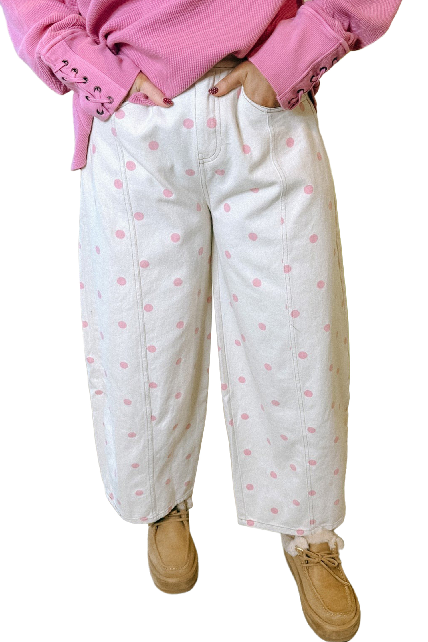 Jean Rosa Lunares Estampado Con Costura Detalle Barrel - Image 5