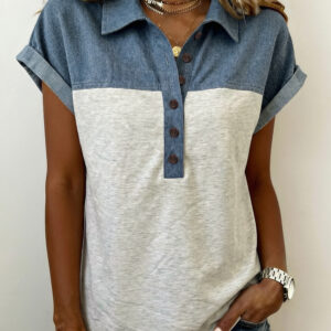 Blusa Gris Claro Combinado Manga Corta Con Cuello