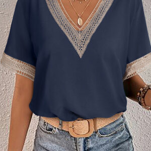 Blusa Azul Encaje Manga Corta Escote V