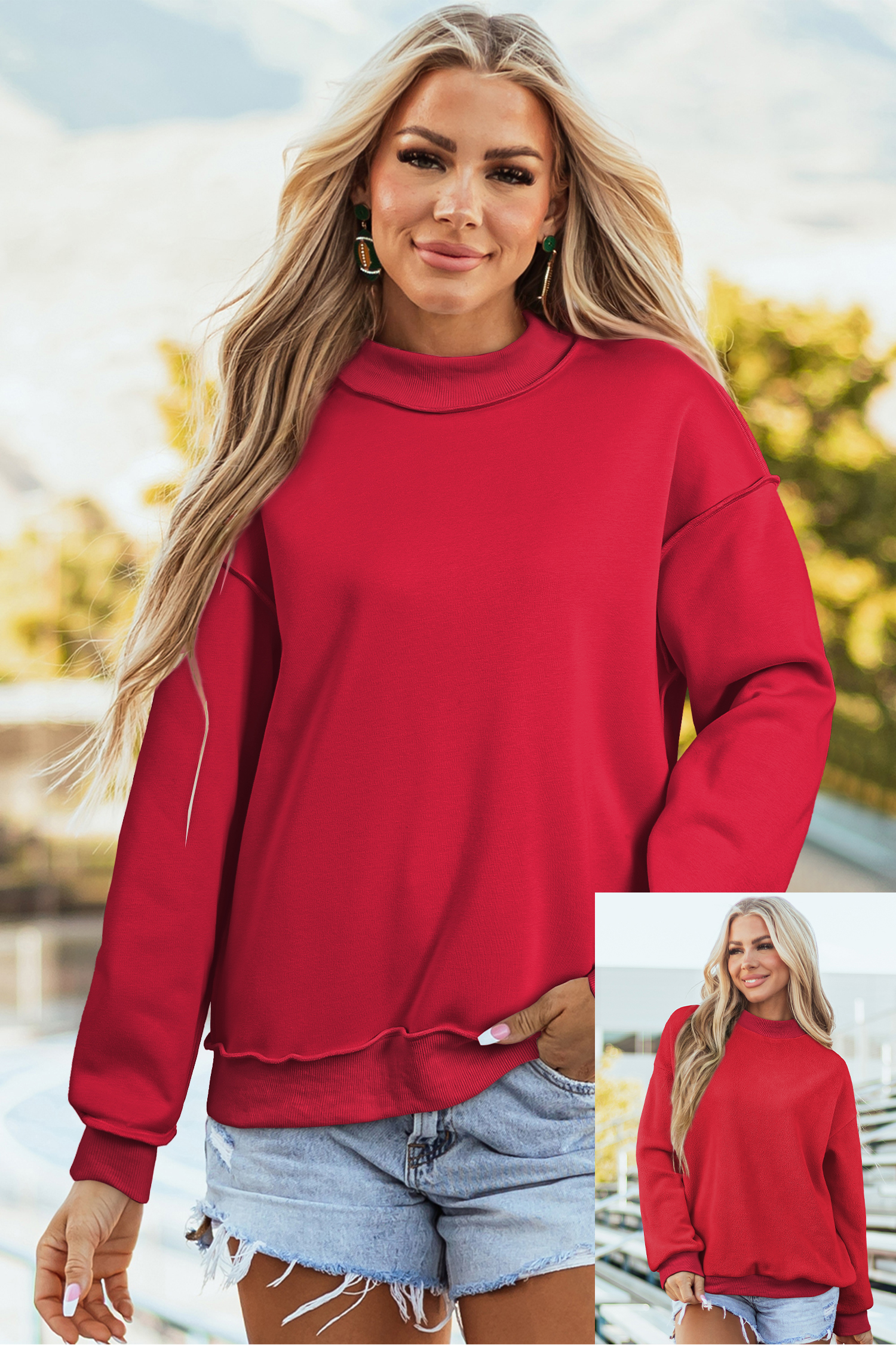 Buzo Rojo Intenso Hombro Caído Oversize Cuello Alto