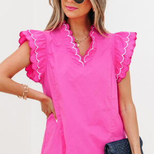 Blusa Rosa Brillante Manga Corta Escote V