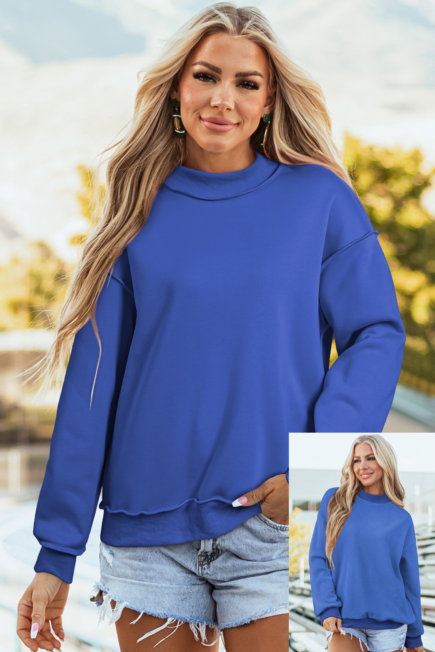Buzo Azul Oscuro Hombro Caído Oversize Cuello Alto