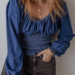 Blusa Azul Oscuro Con Volados Manga Abullonada Escote V
