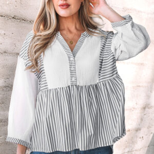 Blusa Gris a Rayas Con Botones Manga Pulsera Estilo Babydoll