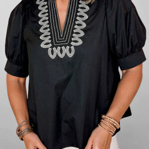 Blusa Negro Bordado Manga Abullonada Escote V