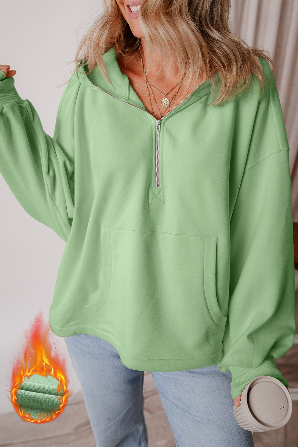 Hoodie Verde Humo Frisado Suelto Con Cierre