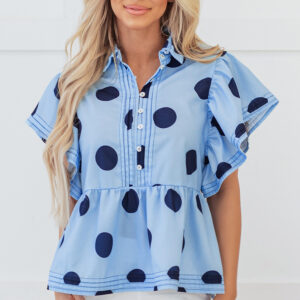 Blusa Azul Celeste Con Volados Manga Corta Con Cuello