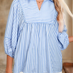 Blusa Azul Celeste a Rayas Manga Abullonada Escote V